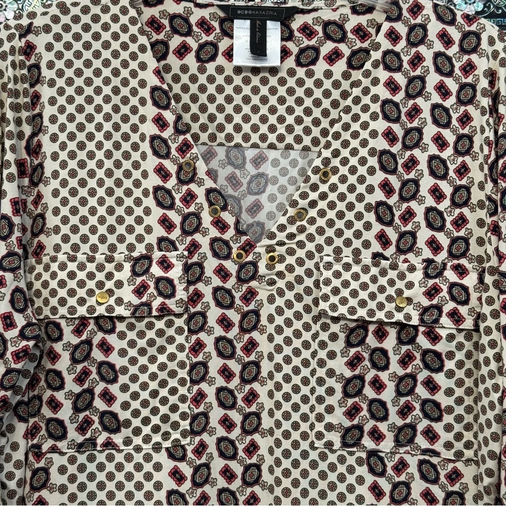 Excellent! BCBGMAXAZRIA Women Cream Navy Print Tunic Long Sleeve - Picture 6 of 11